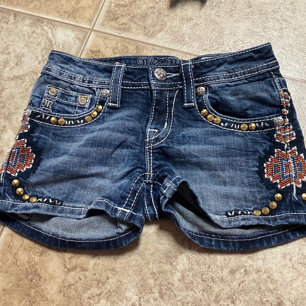Miss Me Dark Blue Embroidered Denim Shorts